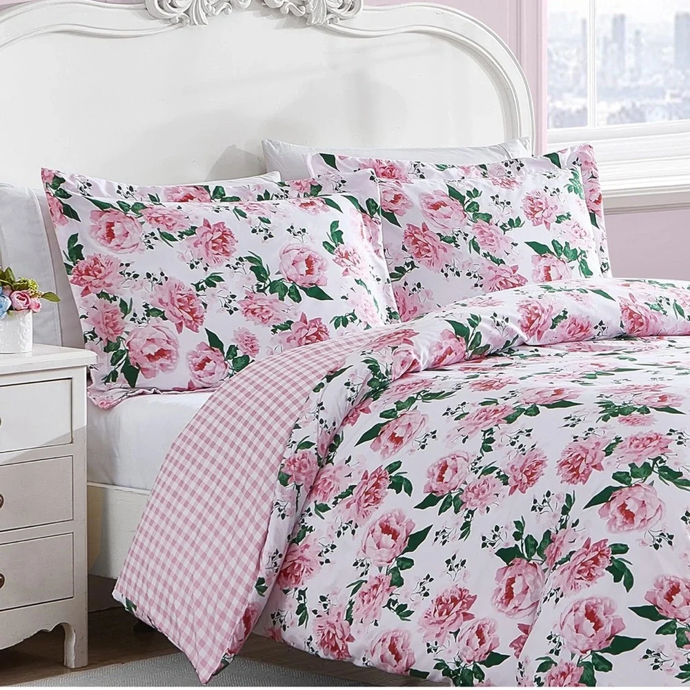 🆕 NWT King Duvet Set Reversible Plaid Floral 2 - n - 1 Betsey Johnson PINK NEW